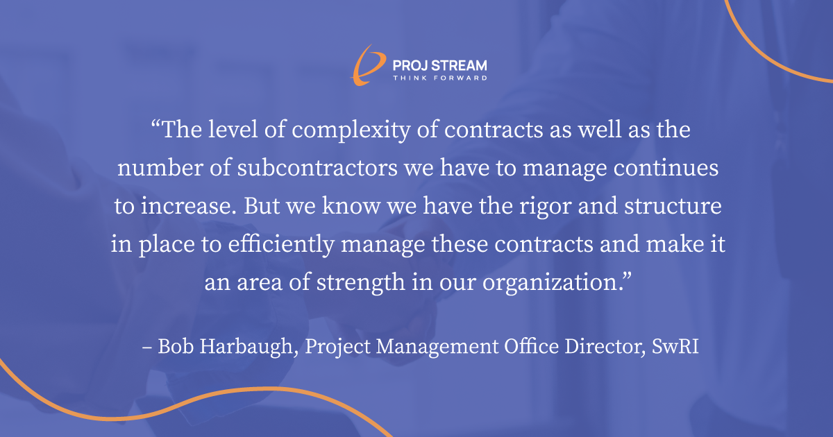 “The level of complexity of contracts as well as the number of subcontractors we have to manage continues to increase. But we know we have the rigor and structure in place to efficiently manage these contracts and make it an area of strength in our organization.” – Bob Harbaugh, Project Management Office Director, SwRI 